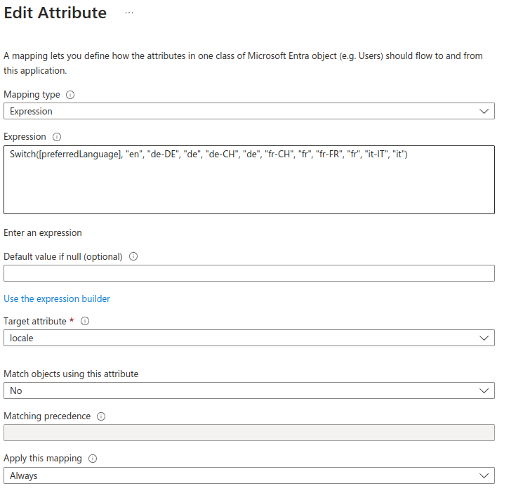 Azure Provisioning Attribute Mapping Locale Field