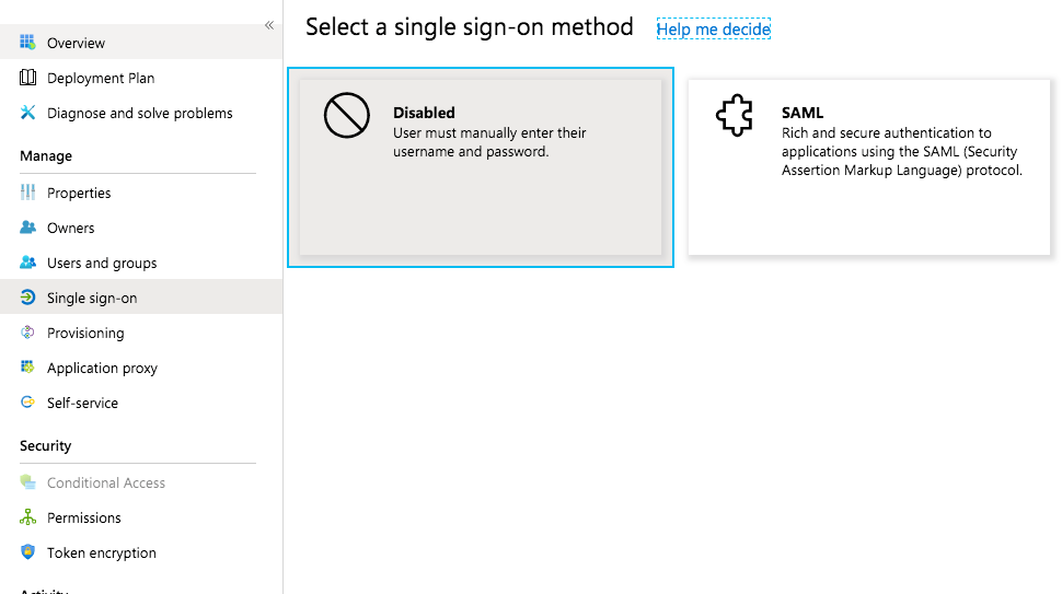 Azure Single sign-on SAML card